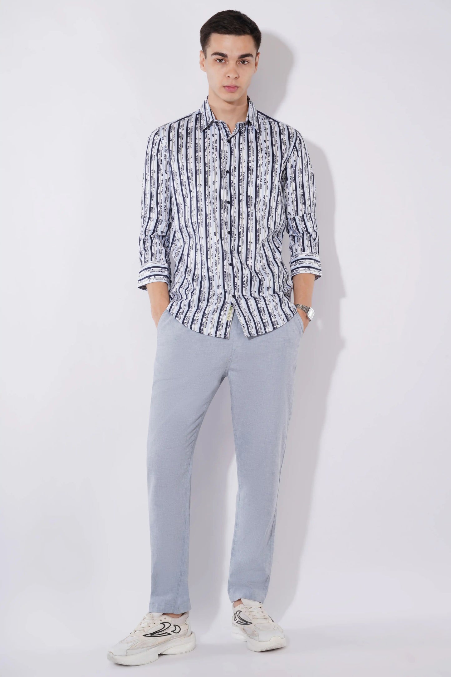 Olevorr Theron men’s slim fit full sleeve shirt in white with navy print — styled look