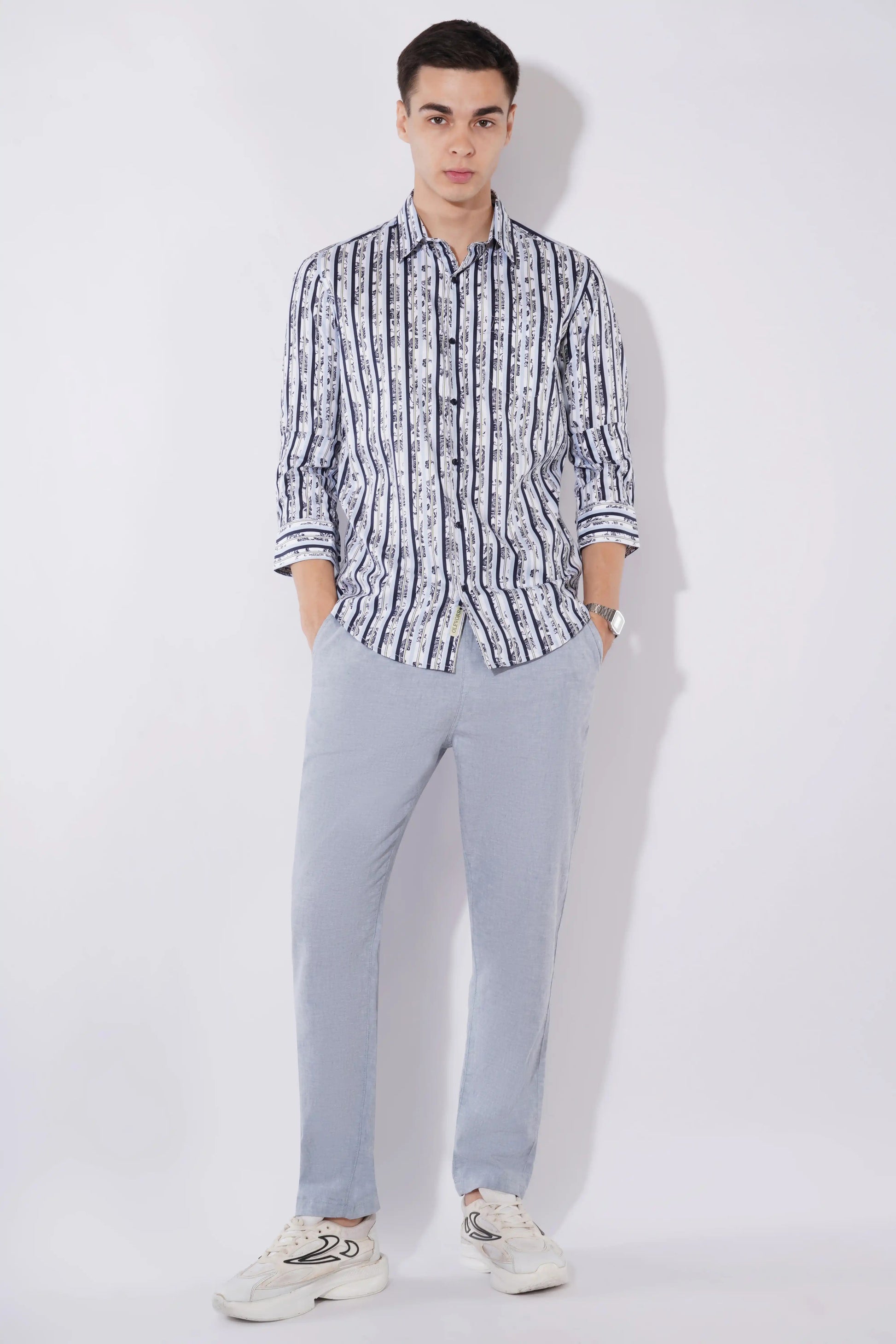 Olevorr Theron men’s slim fit full sleeve shirt in white with navy print — styled look