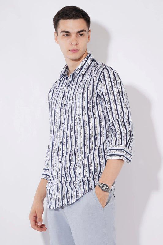 Olevorr Theron slim fit men’s shirt in white with navy print — left view