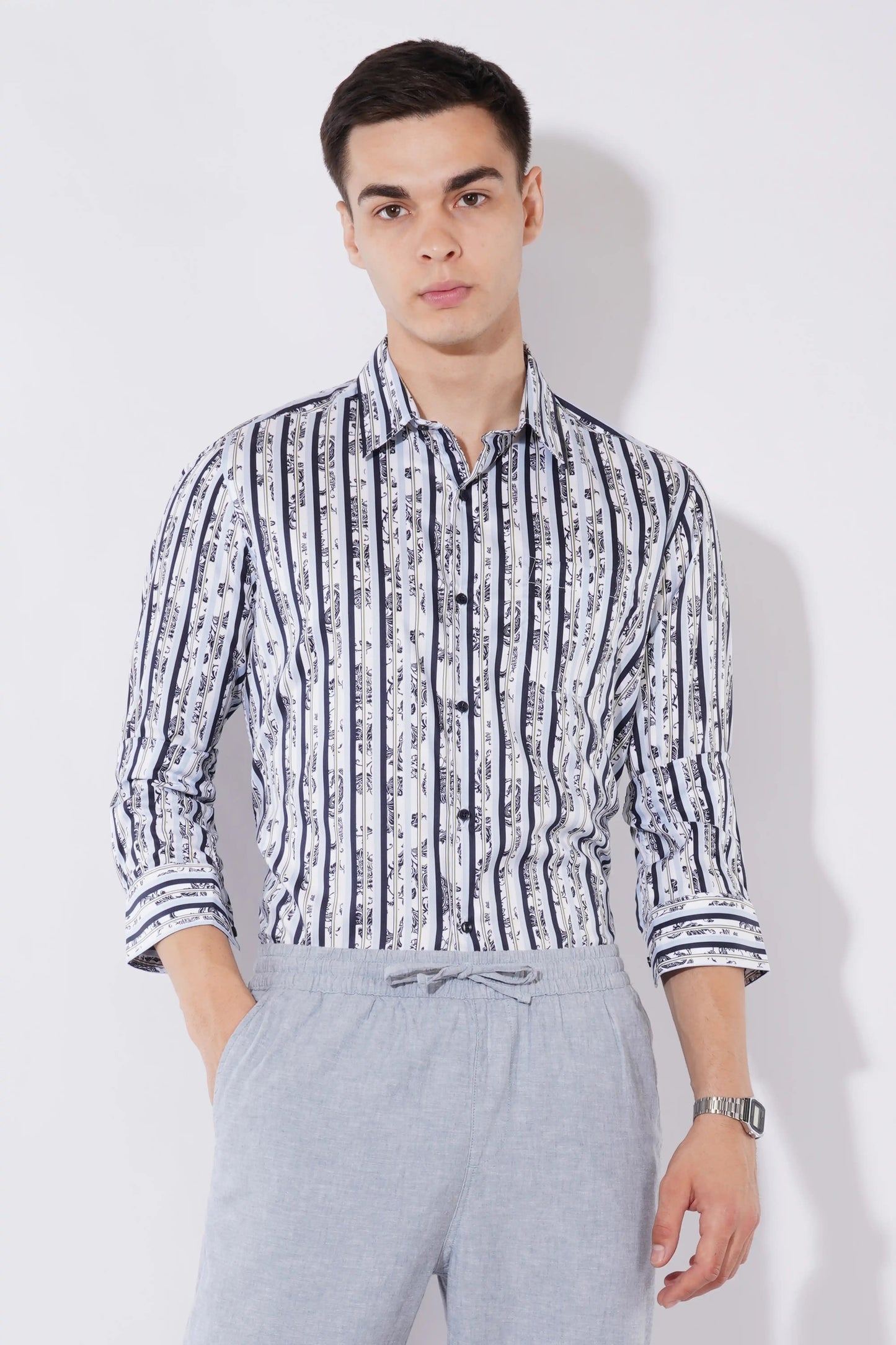 Olevorr Theron white and navy slim fit printed full sleeve shirt — front view