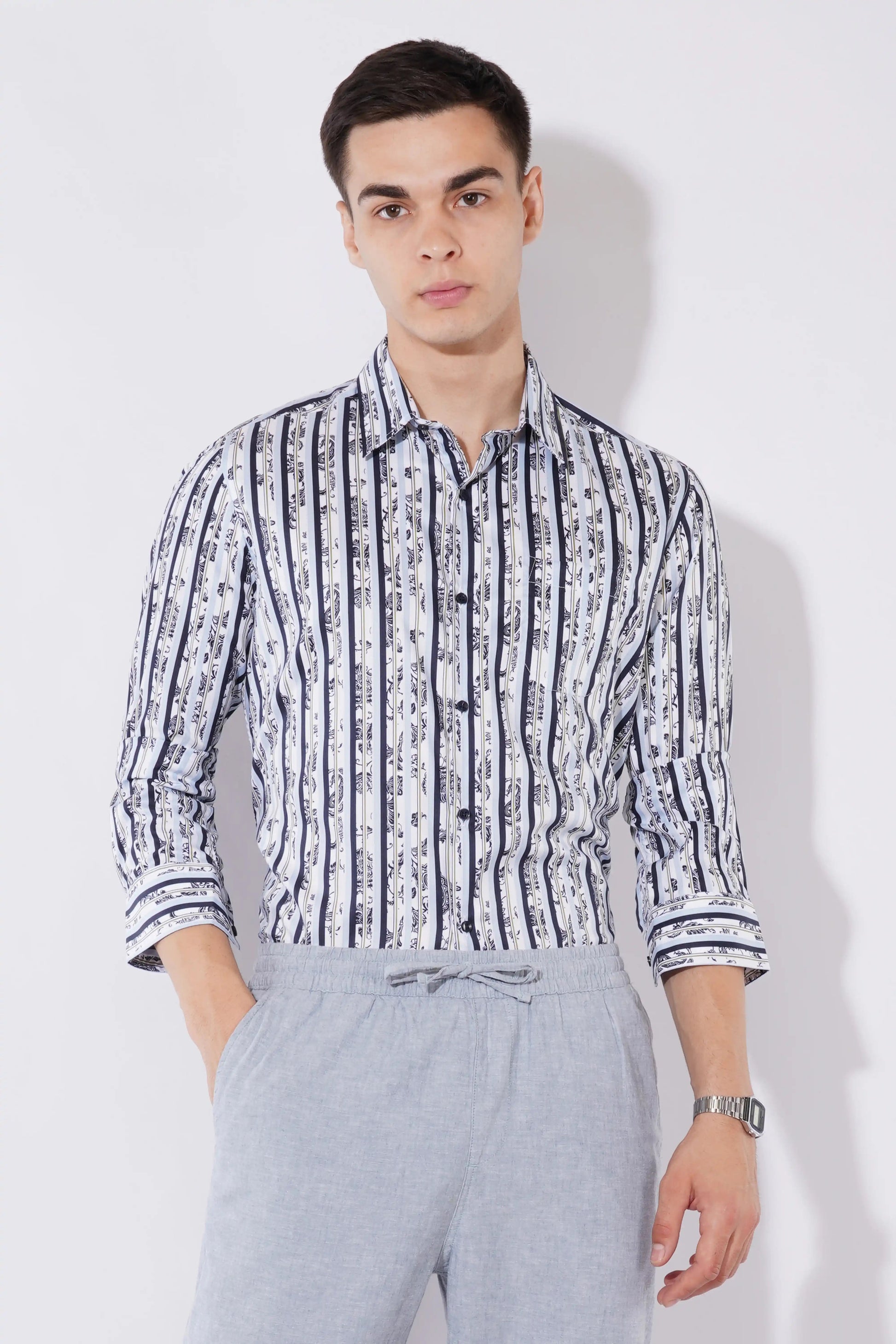 Olevorr Theron white and navy slim fit printed full sleeve shirt — front view