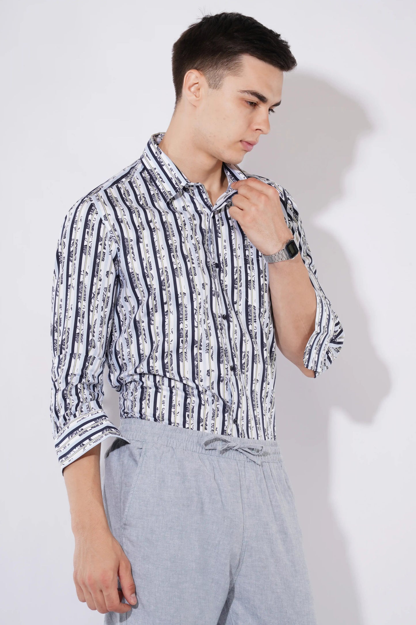 Olevorr Theron men’s slim fit full sleeve shirt in white with navy print — styled look