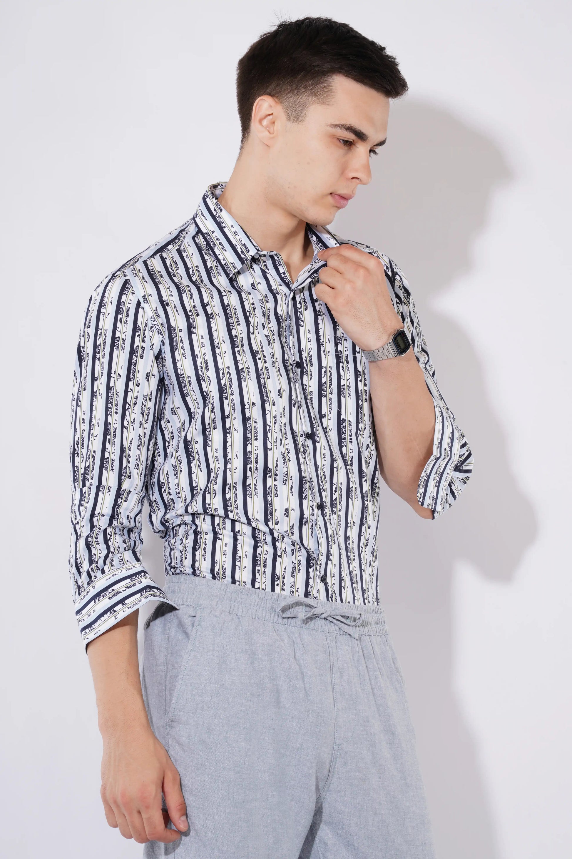 Olevorr Theron men’s slim fit full sleeve shirt in white with navy print — styled look