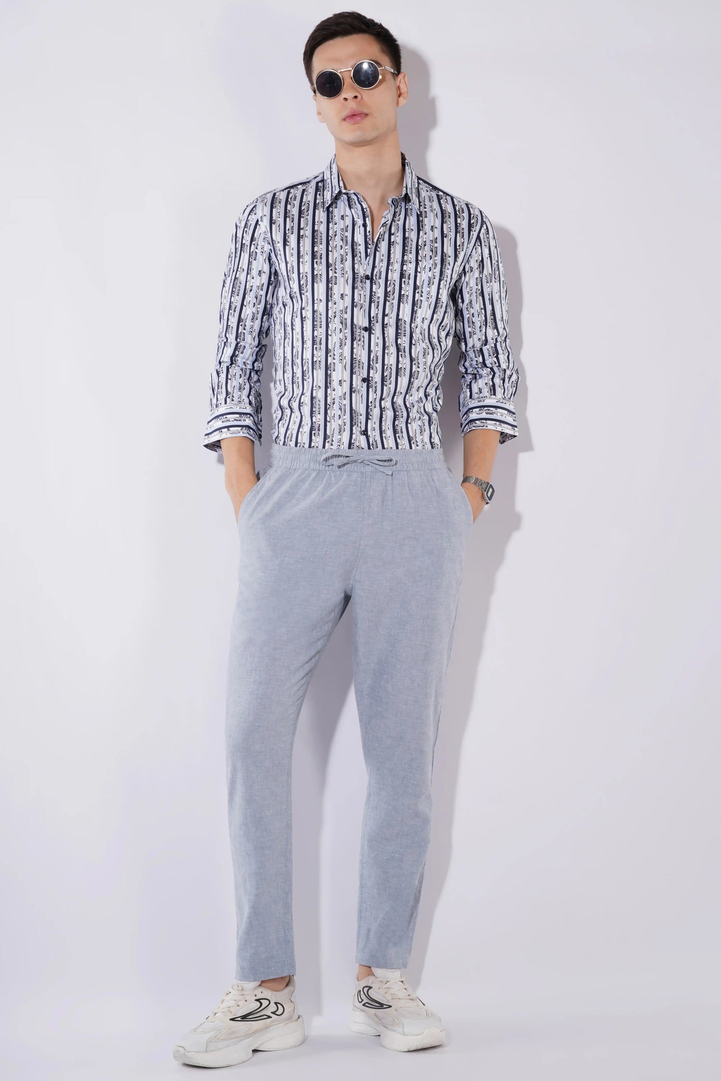 Olevorr Theron men’s slim fit full sleeve shirt in white with navy print — styled look full