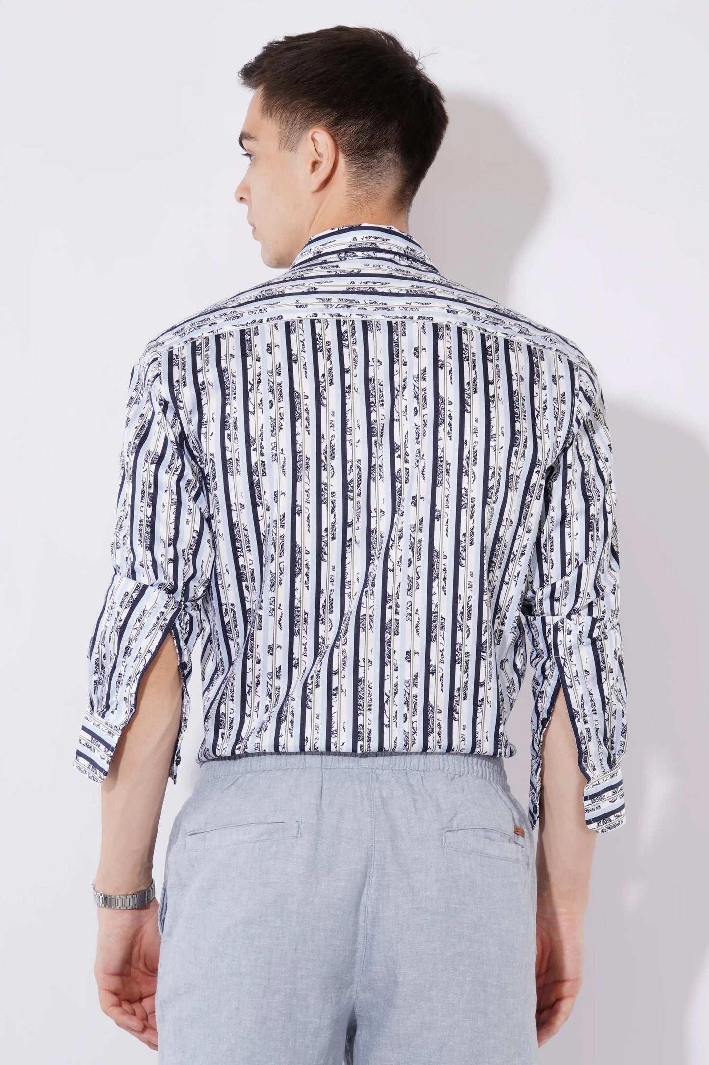 White navy printed full sleeve slim fit shirt by Olevorr — back view
