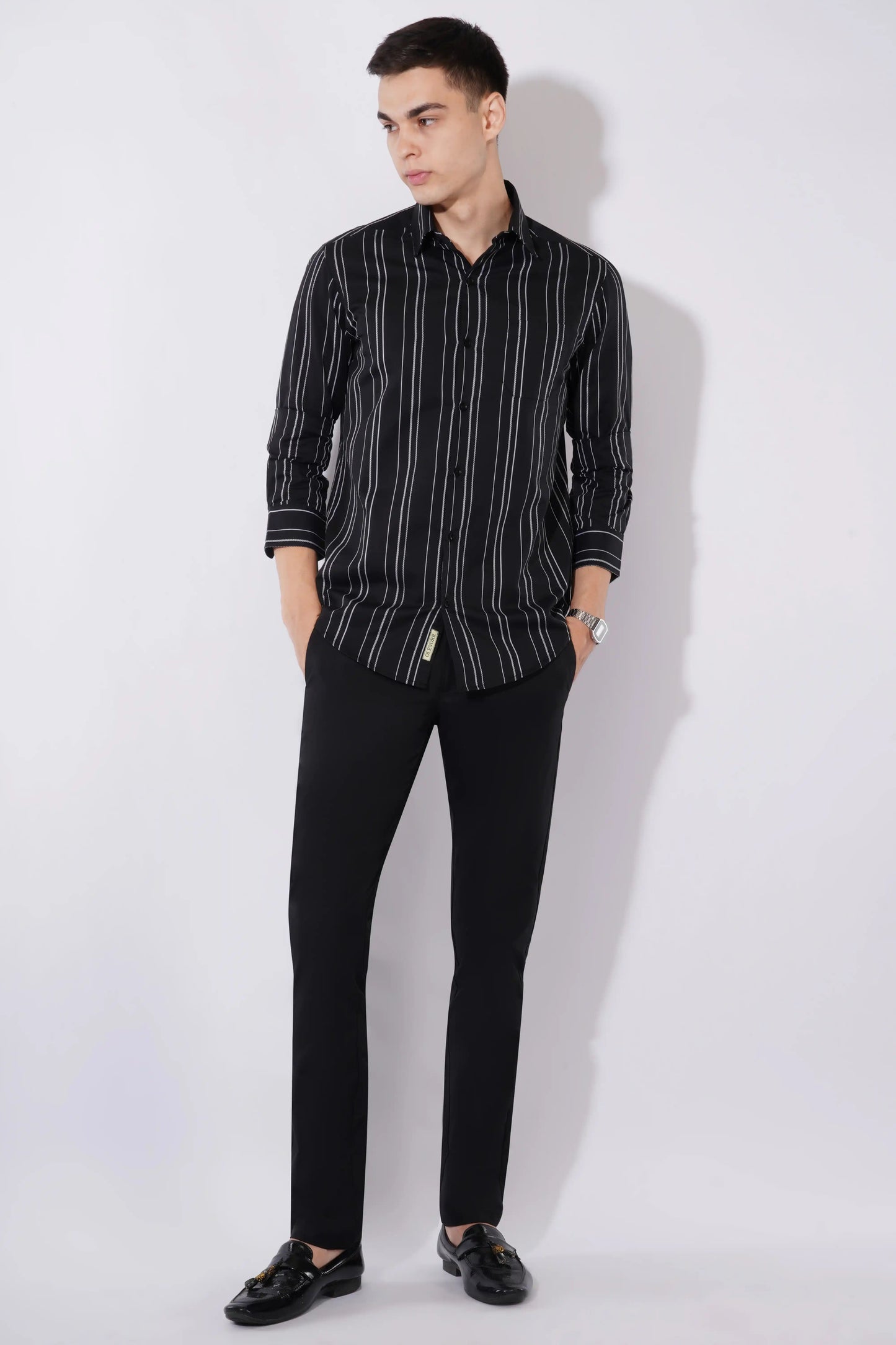 Premium men’s black slim fit striped full sleeve shirt — Olevorr Arden open