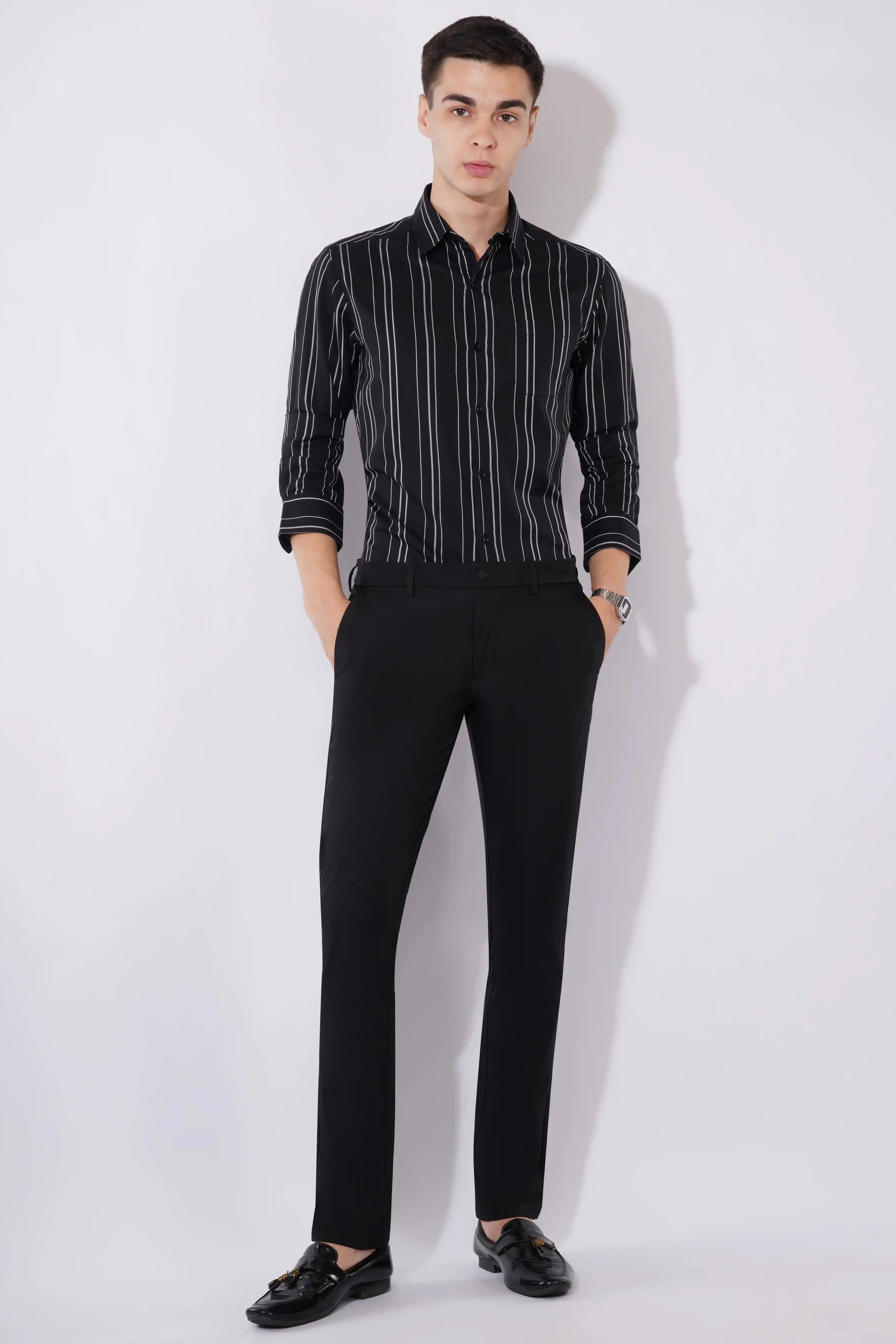 Trendy black striped slim fit full sleeve shirt — Olevorr Arden lifestyle look