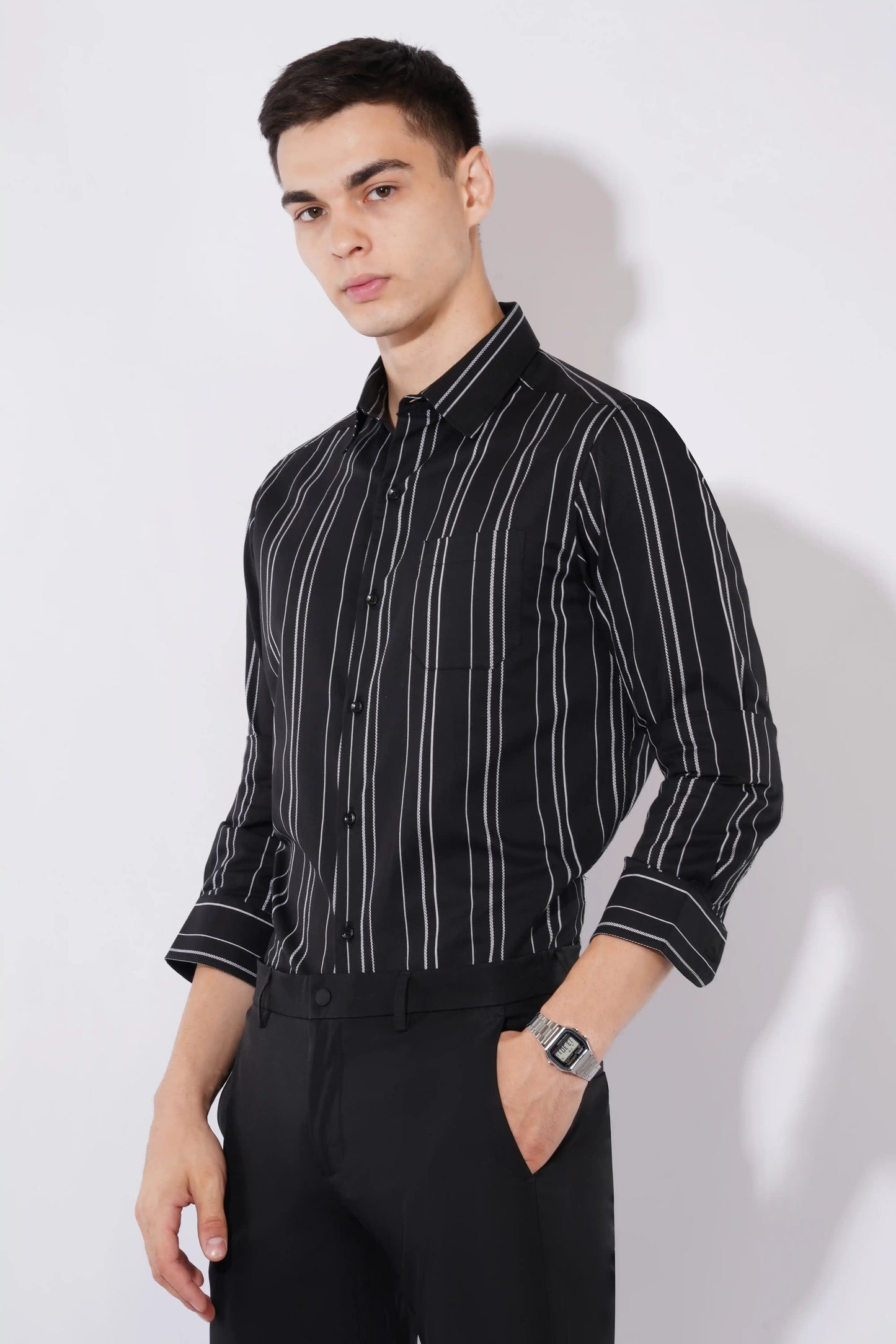 Olevorr Arden stylish black slim fit full sleeve striped shirt — left view