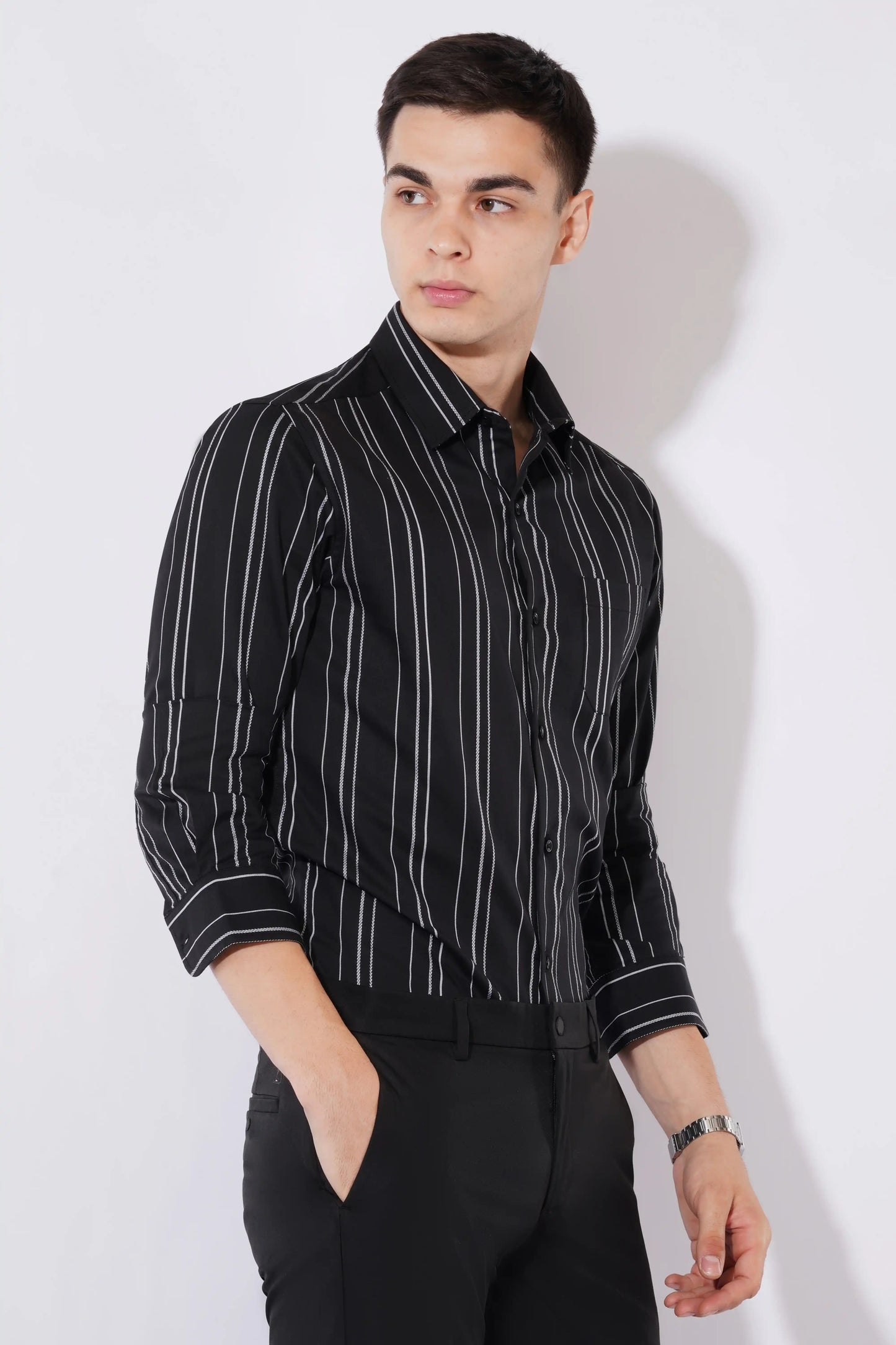 Arden men’s black striped slim fit full sleeve shirt — right side