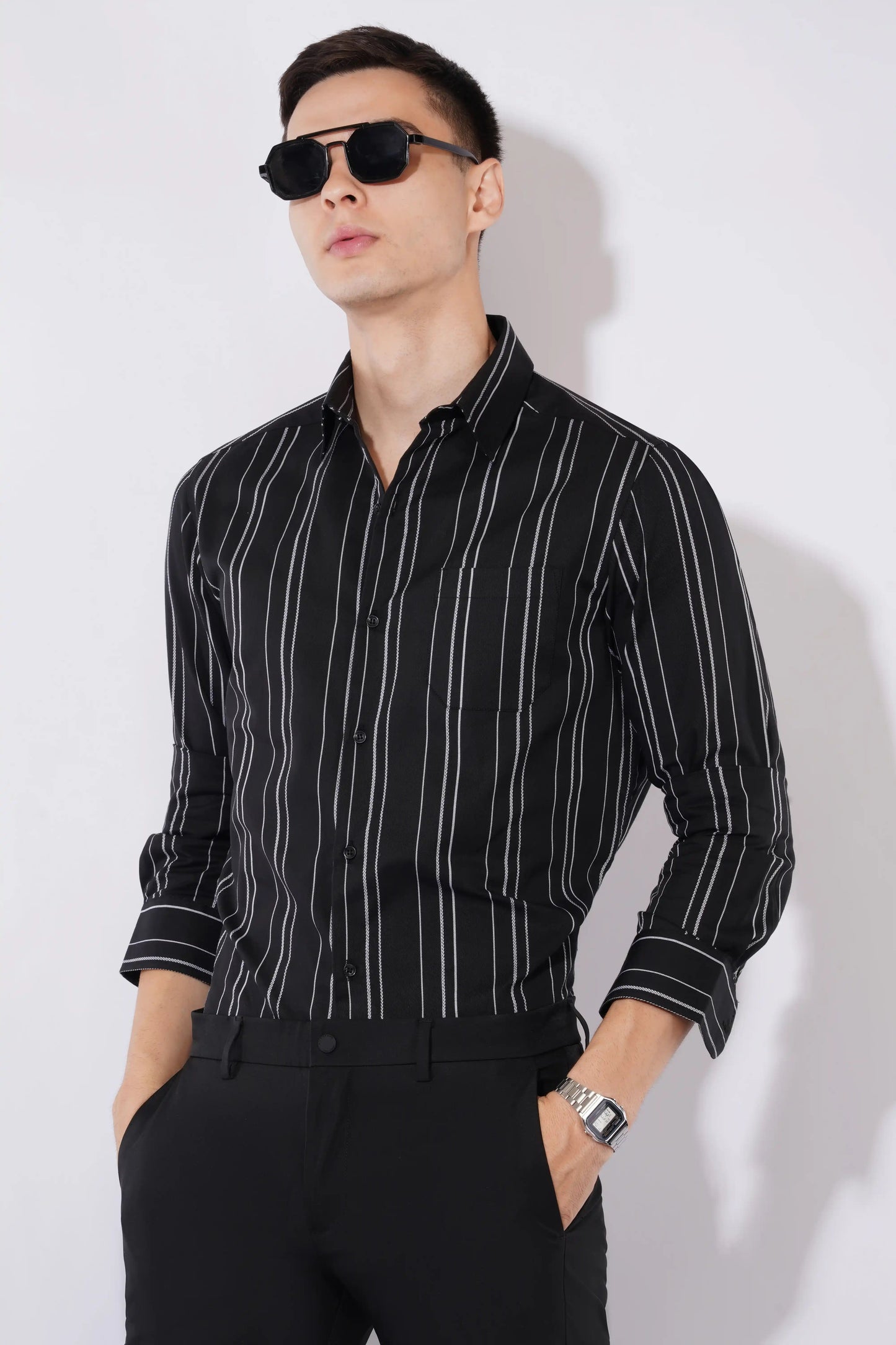 Olevorr Arden black slim fit striped full sleeve shirt — front view