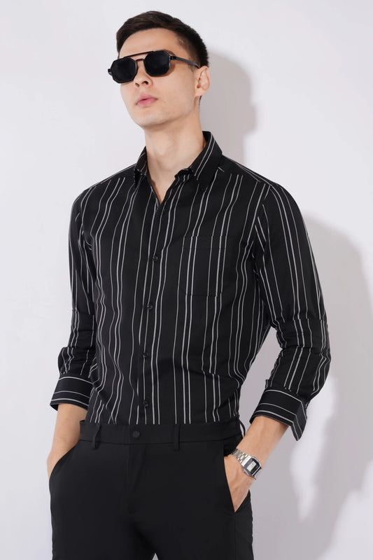 Olevorr Arden black slim fit striped full sleeve shirt — front view