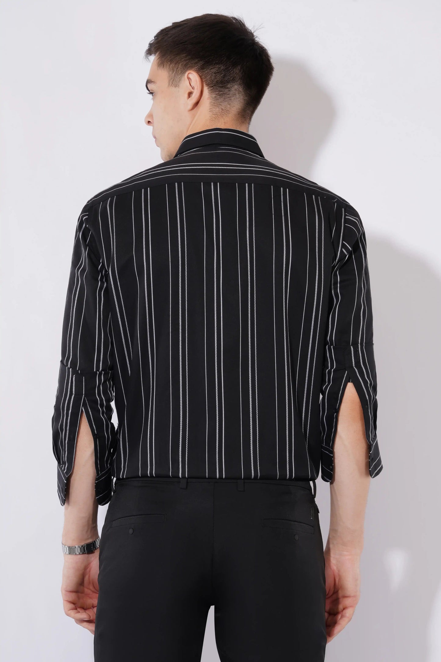 Black striped slim fit full sleeve shirt for men — Olevorr Arden back view