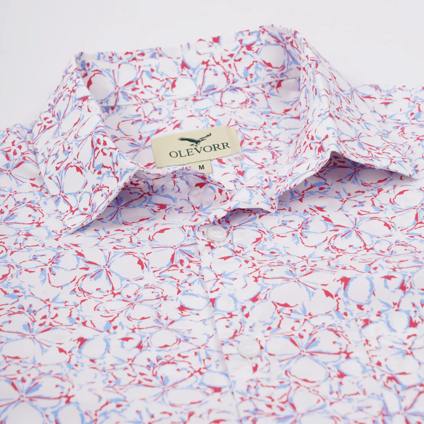 Jace slim fit printed shirt in soft red — collar and fabric close-up