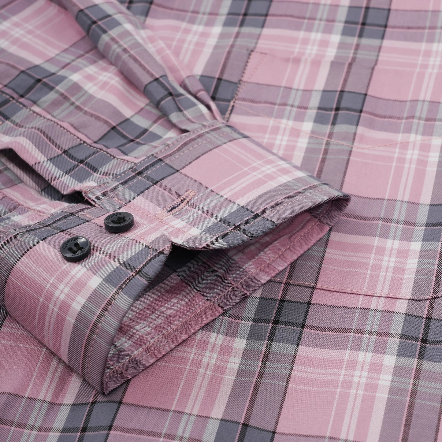 Alistair slim fit checked shirt in lotus pink and grey — cuff close-up