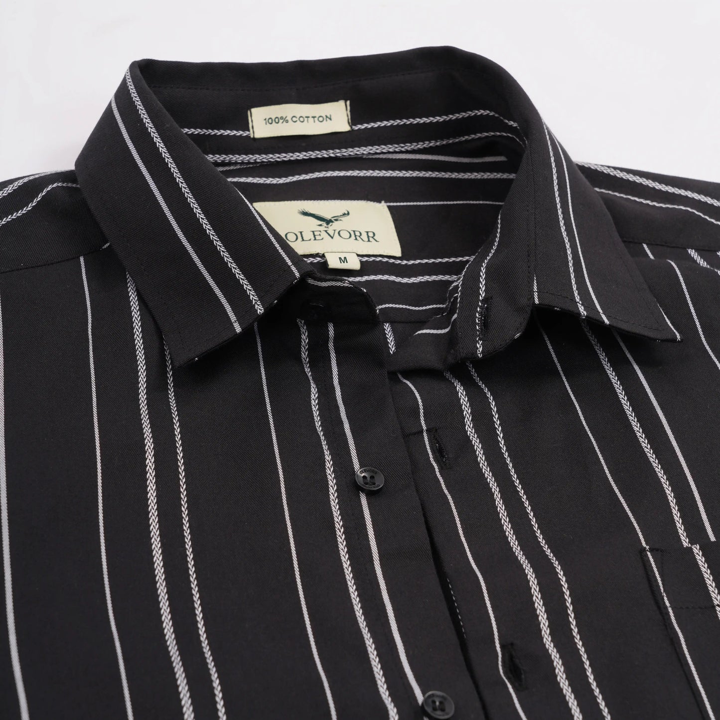 Olevorr Arden men’s slim fit black full sleeve striped shirt — fabric close-up
