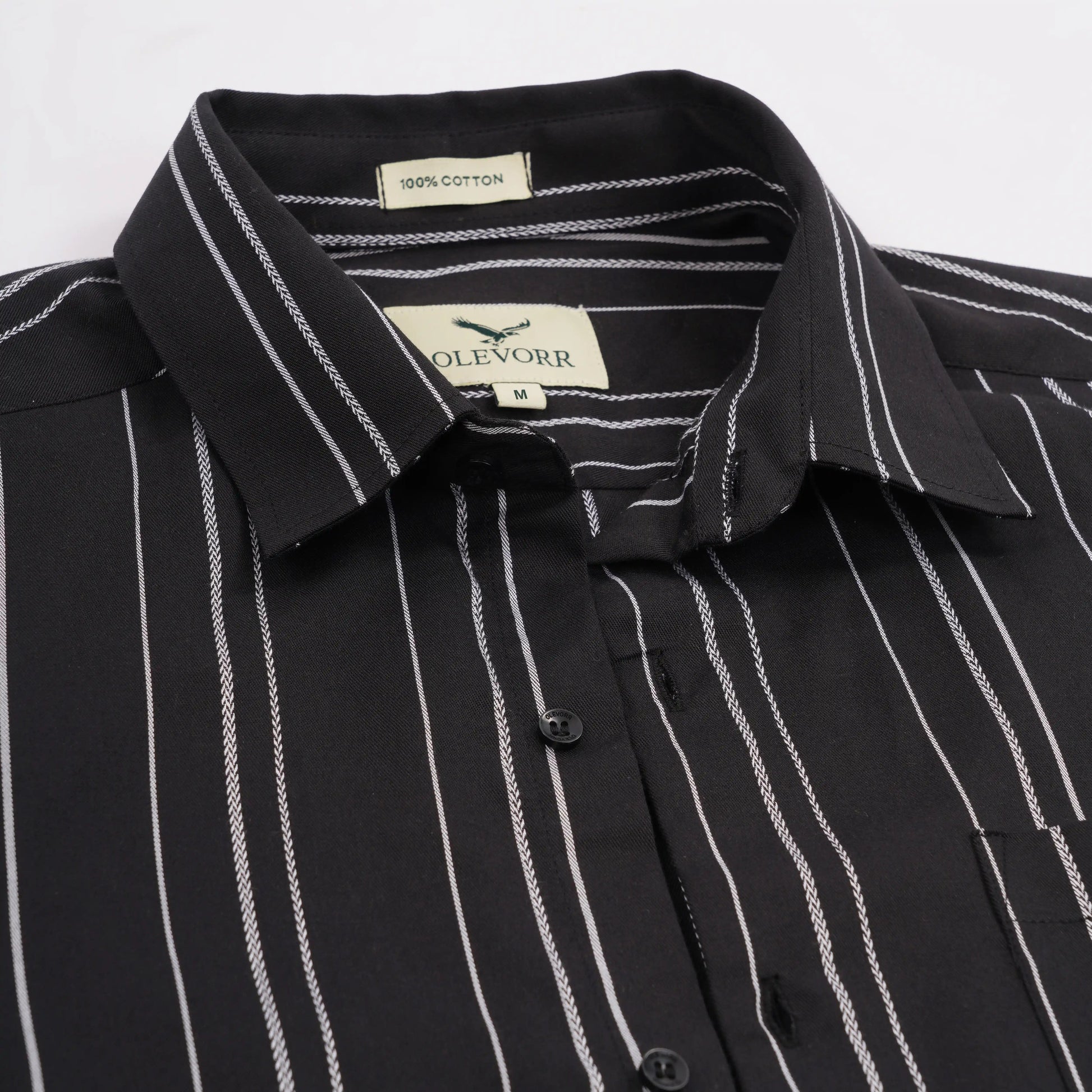 Olevorr Arden men’s slim fit black full sleeve striped shirt — fabric close-up