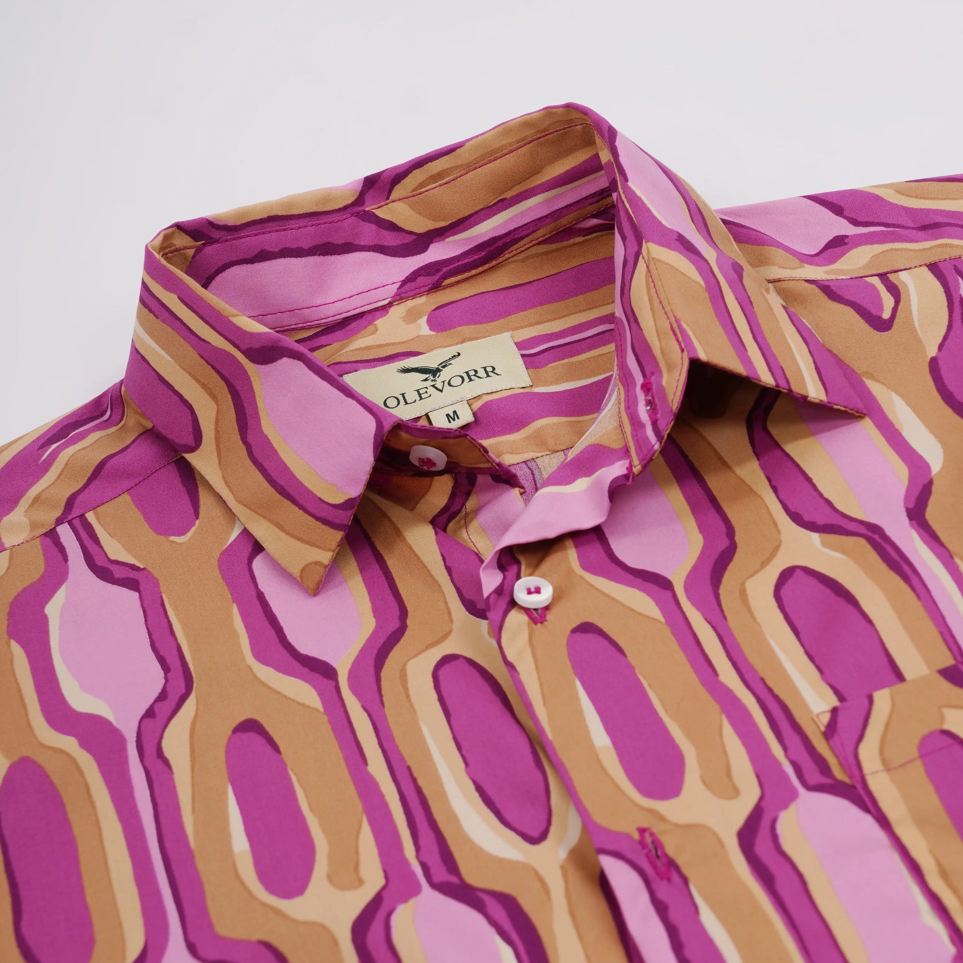 Olevorr Nuvio men’s slim fit purple abstract half sleeve printed shirt — fabric close-up