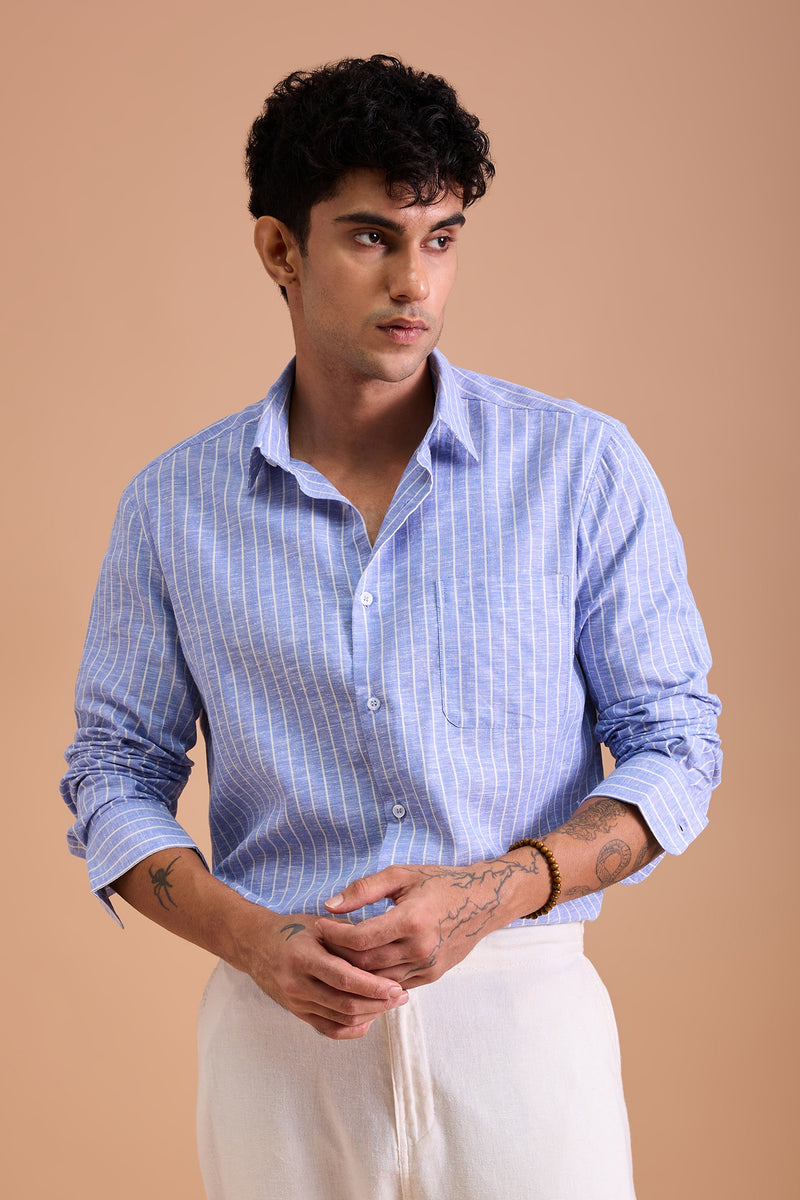LIOR - MENS PREMIUM COTTON BLEND BLUE STRIPED REGULAR FIT SHIRT