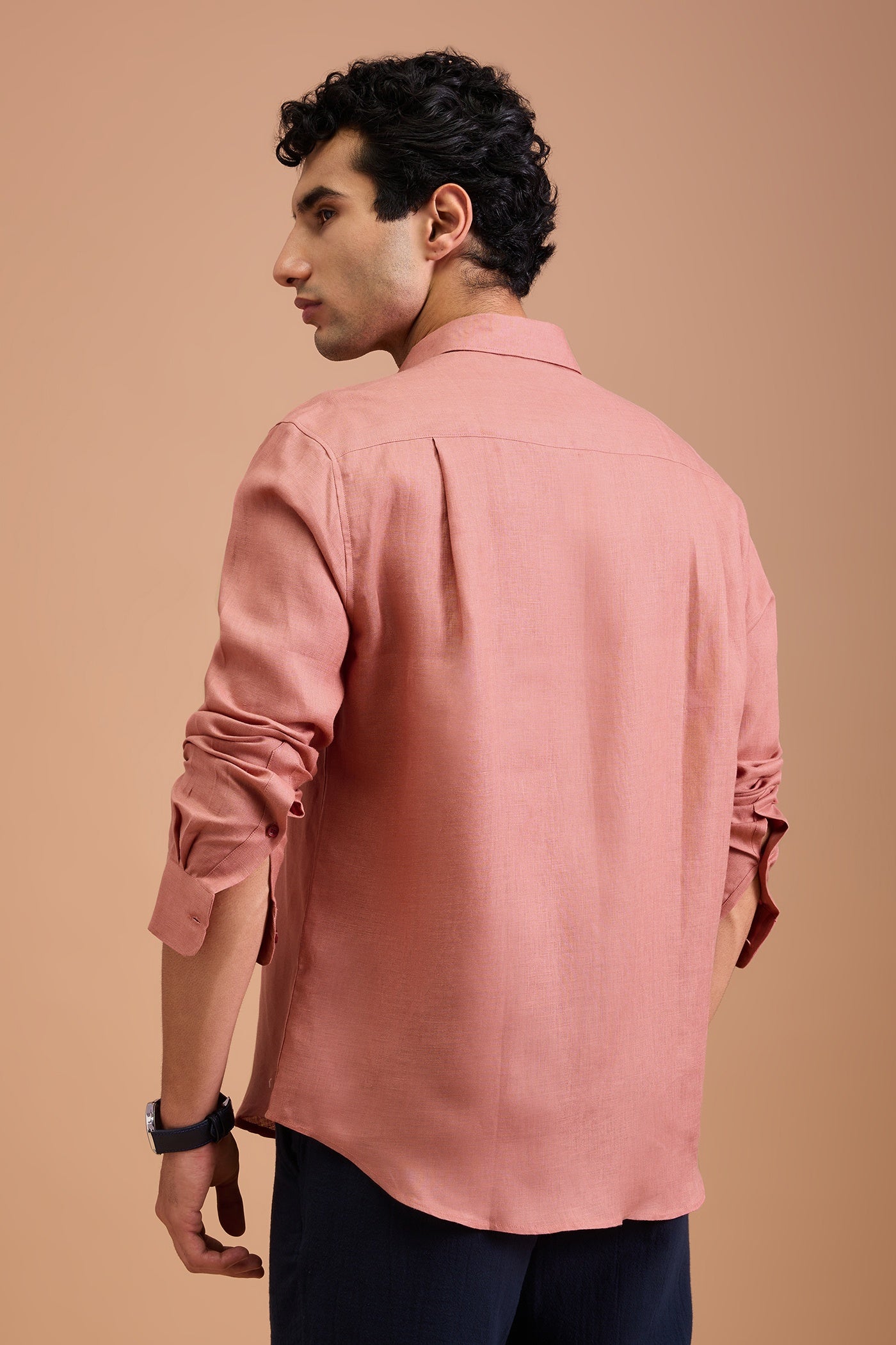 FLEUR- MENS PREMIUM LINEN CORAL PINK SOLID REGULAR FIT SHIRT