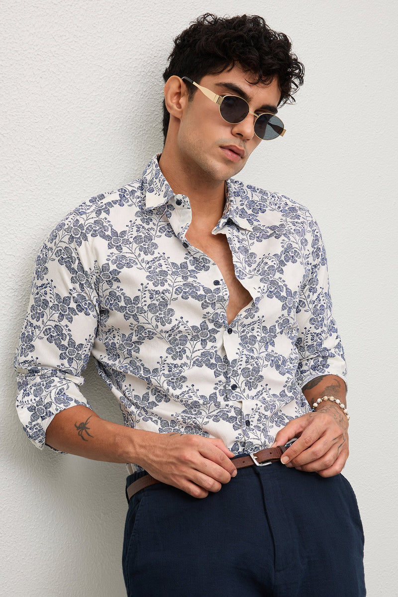 LIDO - MEN PREMIUM COTTON BLUE PRINTED CASUAL SLIM FIT SHIRT