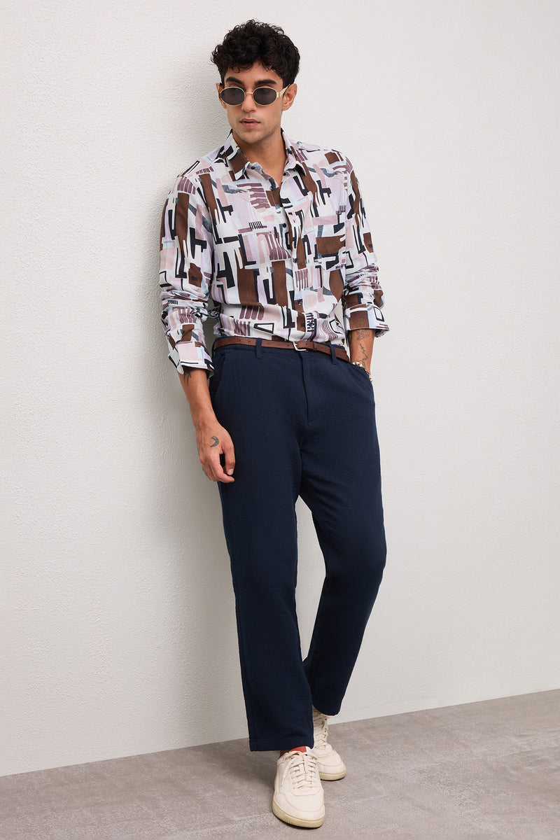 AMALFI - MENS PREMIUM COTTON LINEN BLEND MULTICOLOR CONTEMPRORY PRINT SLIM FIT SHIRT