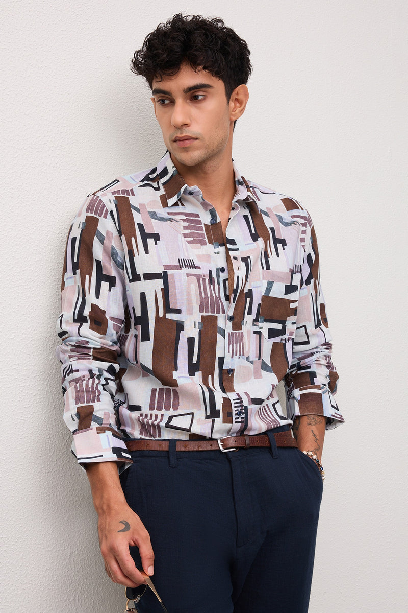 AMALFI - MENS PREMIUM COTTON LINEN BLEND MULTICOLOR CONTEMPRORY PRINT SLIM FIT SHIRT