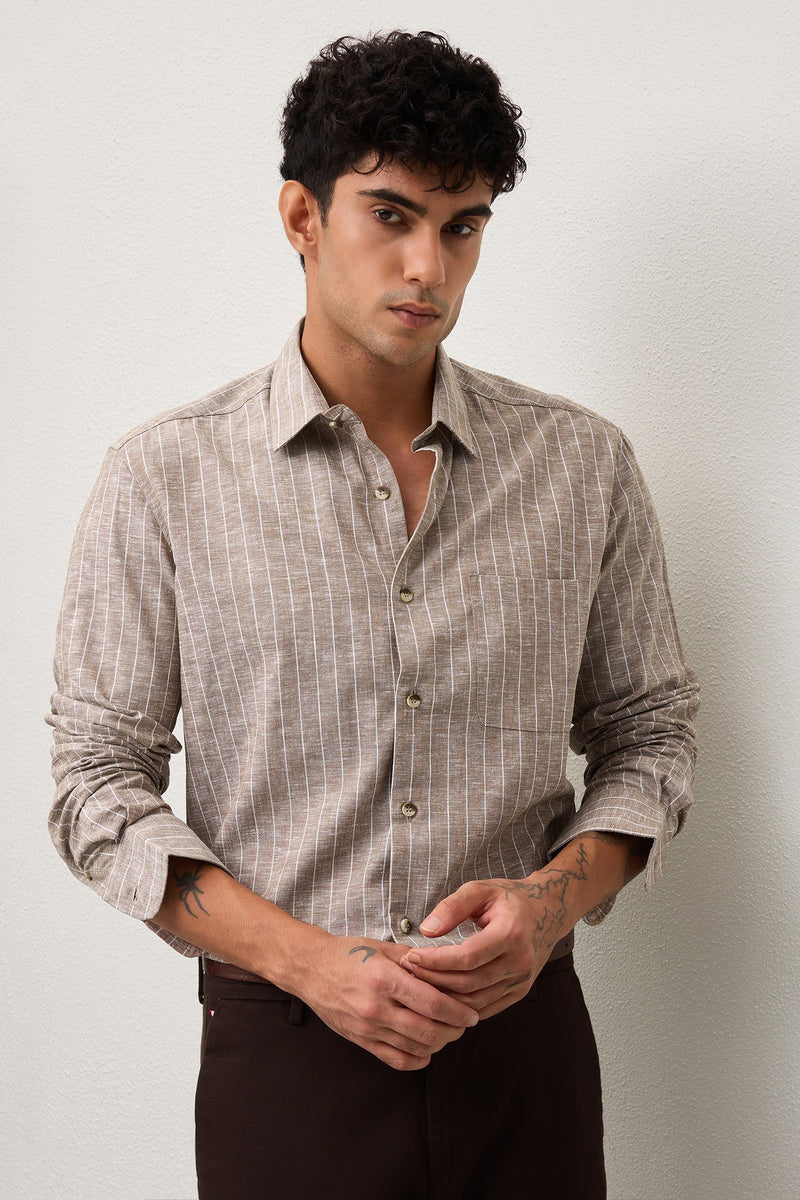 PIERO - MENS PREMIUM COTTON BLEND BROWN STRIPED REGULAR FIT SHIRT