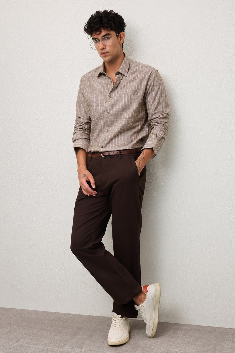 PIERO - MENS PREMIUM COTTON BLEND BROWN STRIPED REGULAR FIT SHIRT