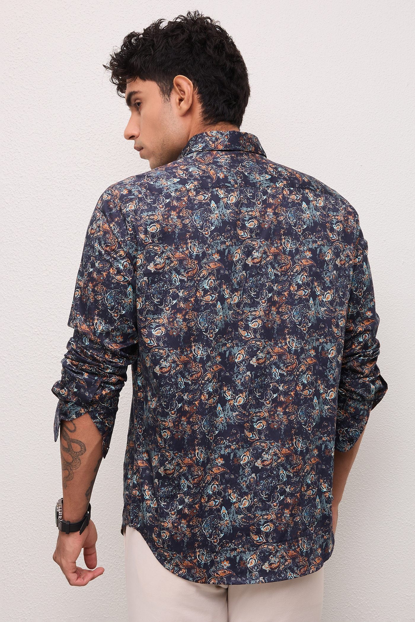 JASPER- MENS JASPER PREMIUM COTTON NAVY MULTICOLOR PRINTED CASUAL SLIM FIT SHIRT