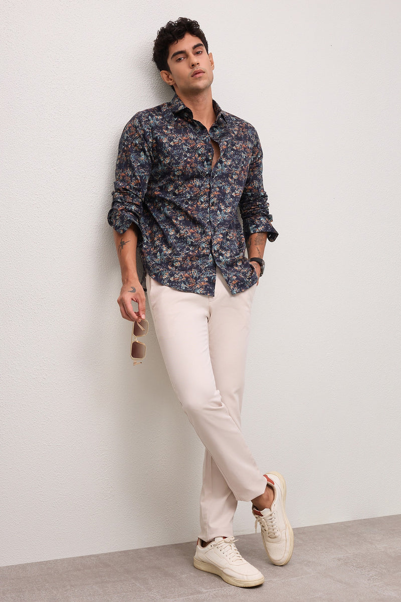 JASPER - MENS PREMIUM COTTON NAVY MULTICOLOR PRINTED CASUAL SLIM FIT SHIRT