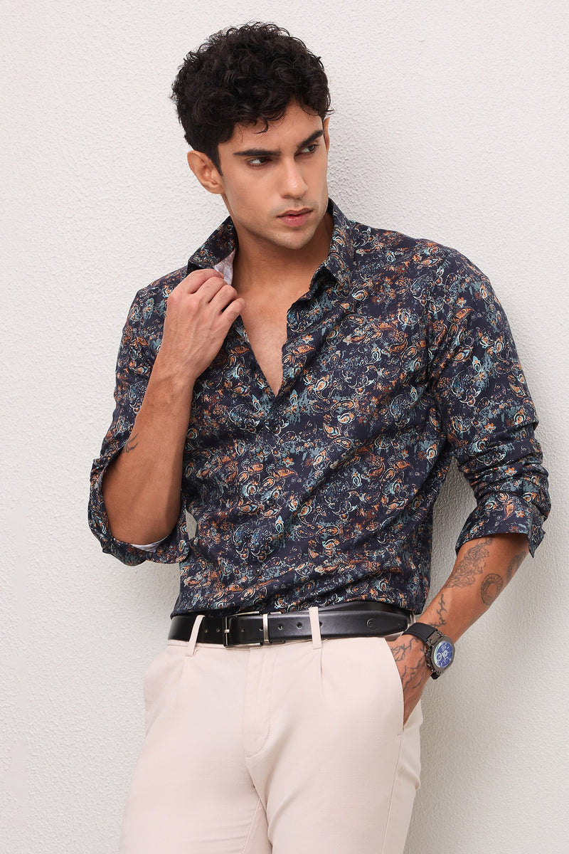 JASPER - MENS PREMIUM COTTON NAVY MULTICOLOR PRINTED CASUAL SLIM FIT SHIRT