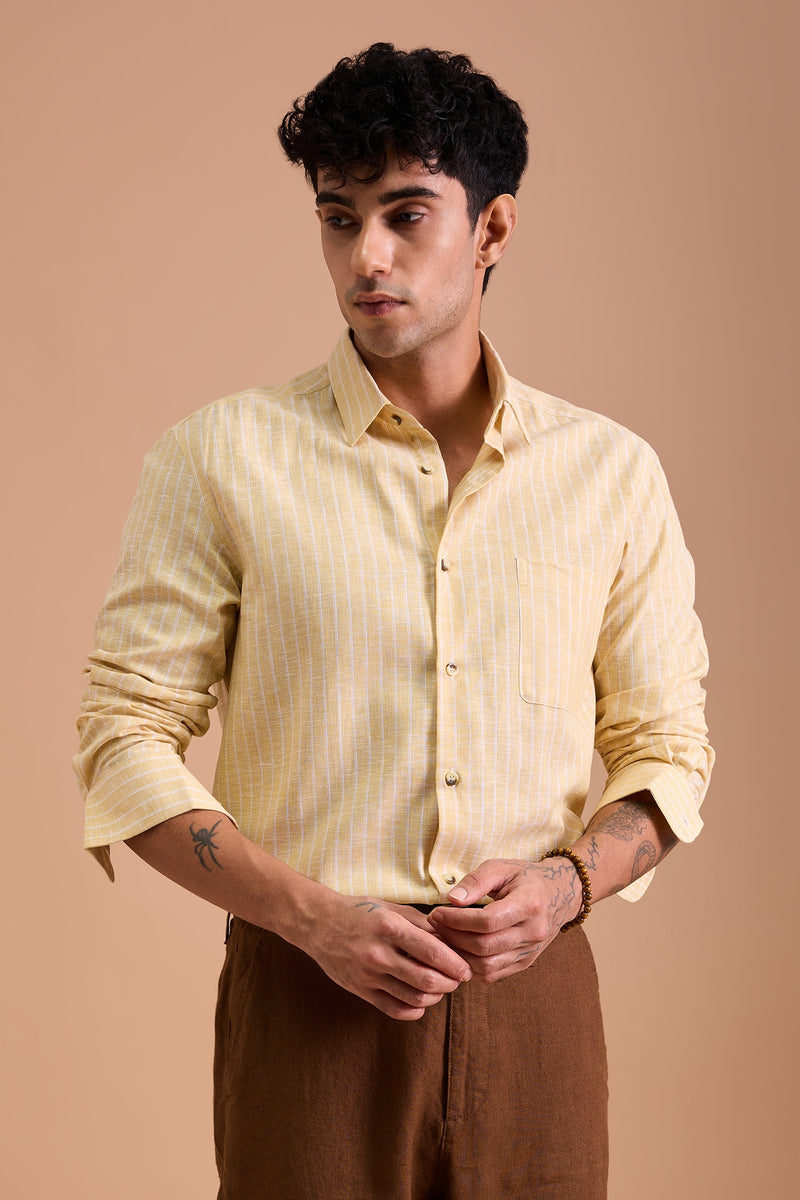 LUCA - MENS PREMIUM COTTON BLEND YELLOW STRIPED REGULAR FIT SHIRT