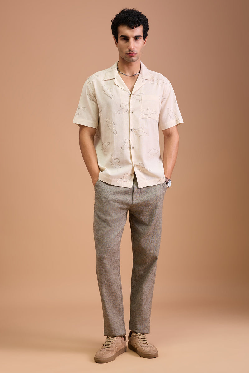 FAWN - MENS PREMIUM COTTON LINEN BLEND OFF WHITE BIRD EMBROIDERY RELAXED FIT CUBAN SHIRT