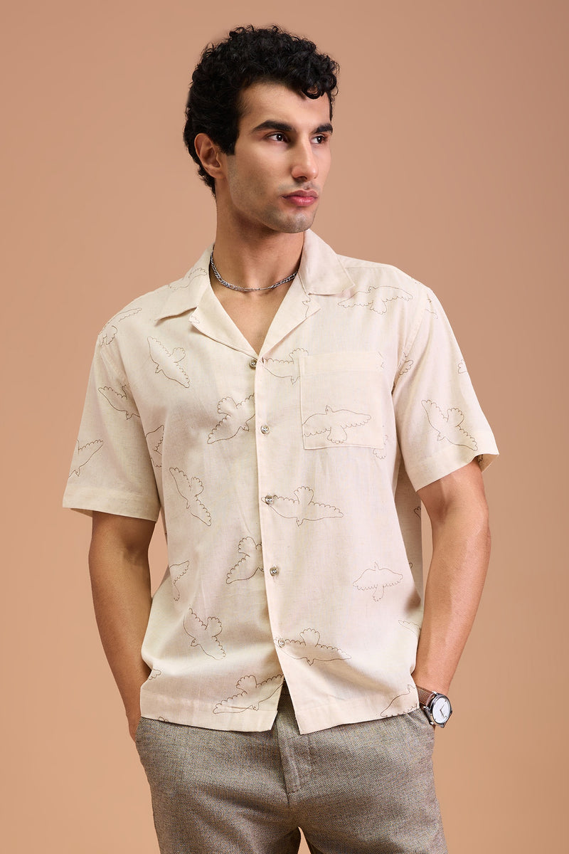FAWN - MENS PREMIUM COTTON LINEN BLEND OFF WHITE BIRD EMBROIDERY RELAXED FIT CUBAN SHIRT