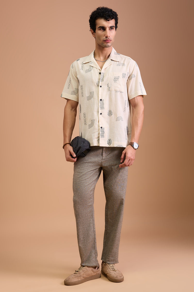 ORIN - MENS PREMIUM COTTON LINEN BLEND OFF WHITE AQUATIC EMBROIDERY RELAXED FIT CUBAN SHIRT