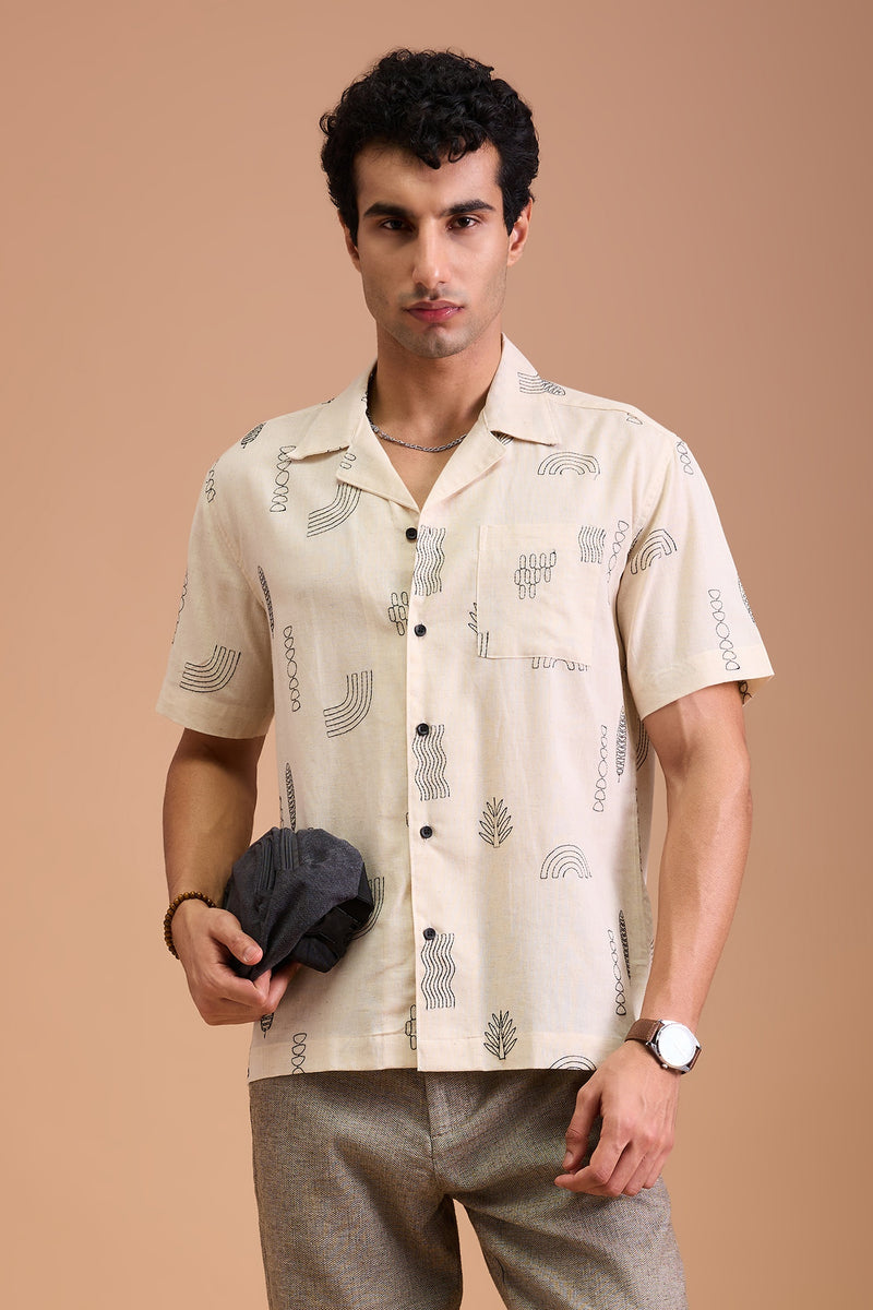 ORIN - MENS PREMIUM COTTON LINEN BLEND OFF WHITE AQUATIC EMBROIDERY RELAXED FIT CUBAN SHIRT