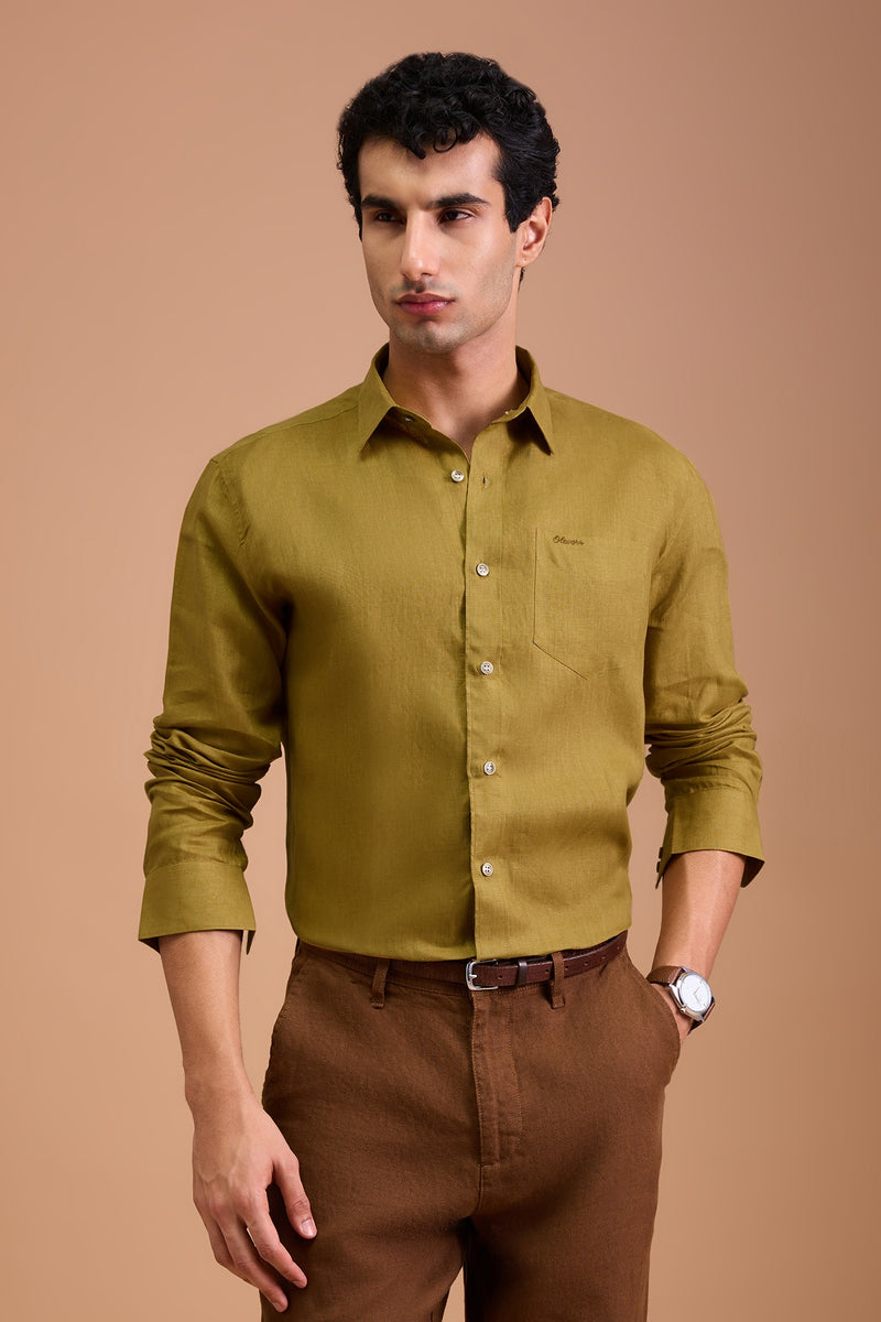 VRAIE- MENS LUXURY IRISH LINEN GOLDEN YELLOW SOLID REGULAR FIT SHIRT