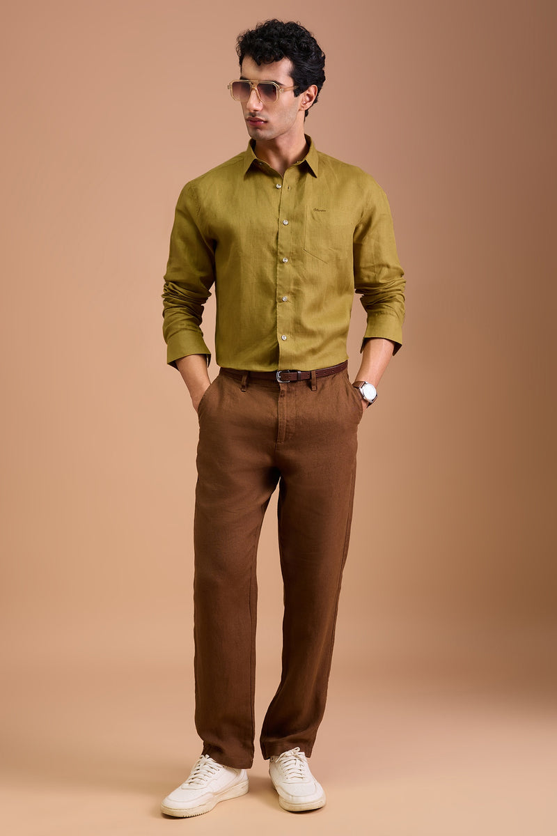 VRAIE- MENS LUXURY IRISH LINEN GOLDEN YELLOW SOLID REGULAR FIT SHIRT