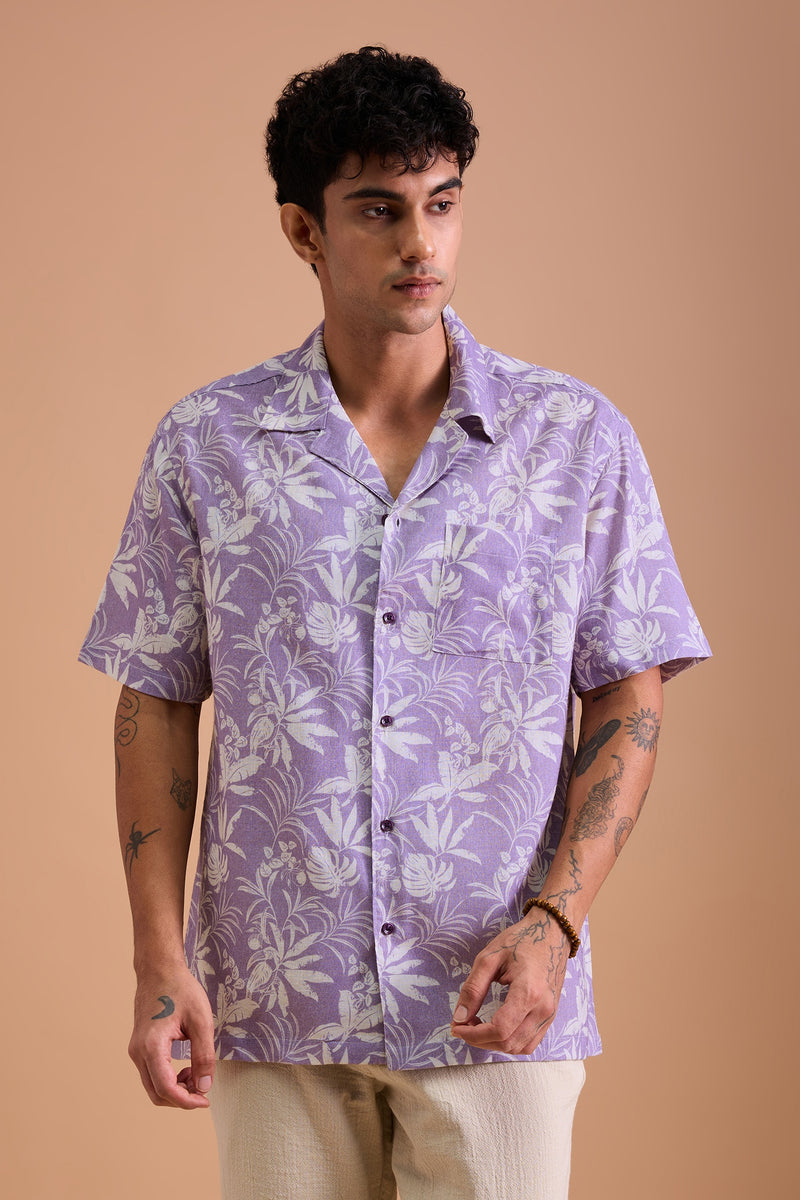 LEROS - MENS PREMIUM LINEN BLEND PURPLE BOTANICAL PRINT RELAXED FIT CUBAN SHIRT