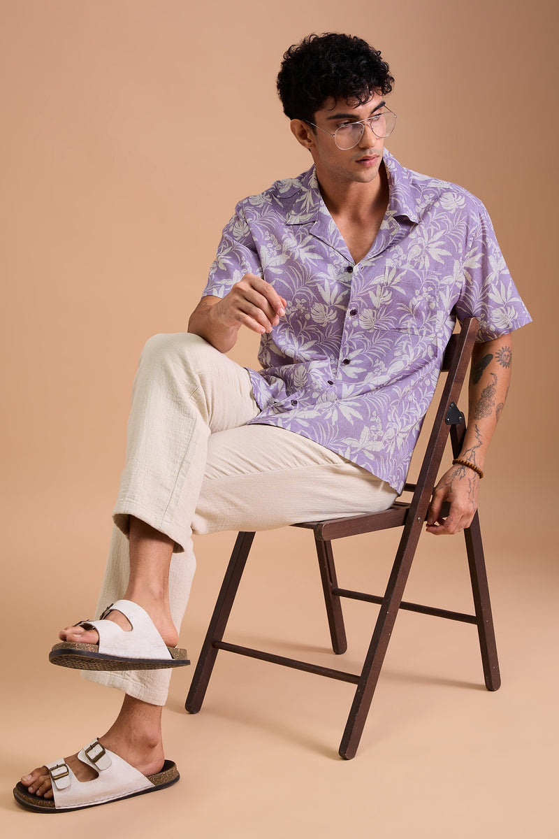 LEROS - MENS PREMIUM LINEN BLEND PURPLE BOTANICAL PRINT RELAXED FIT CUBAN SHIRT