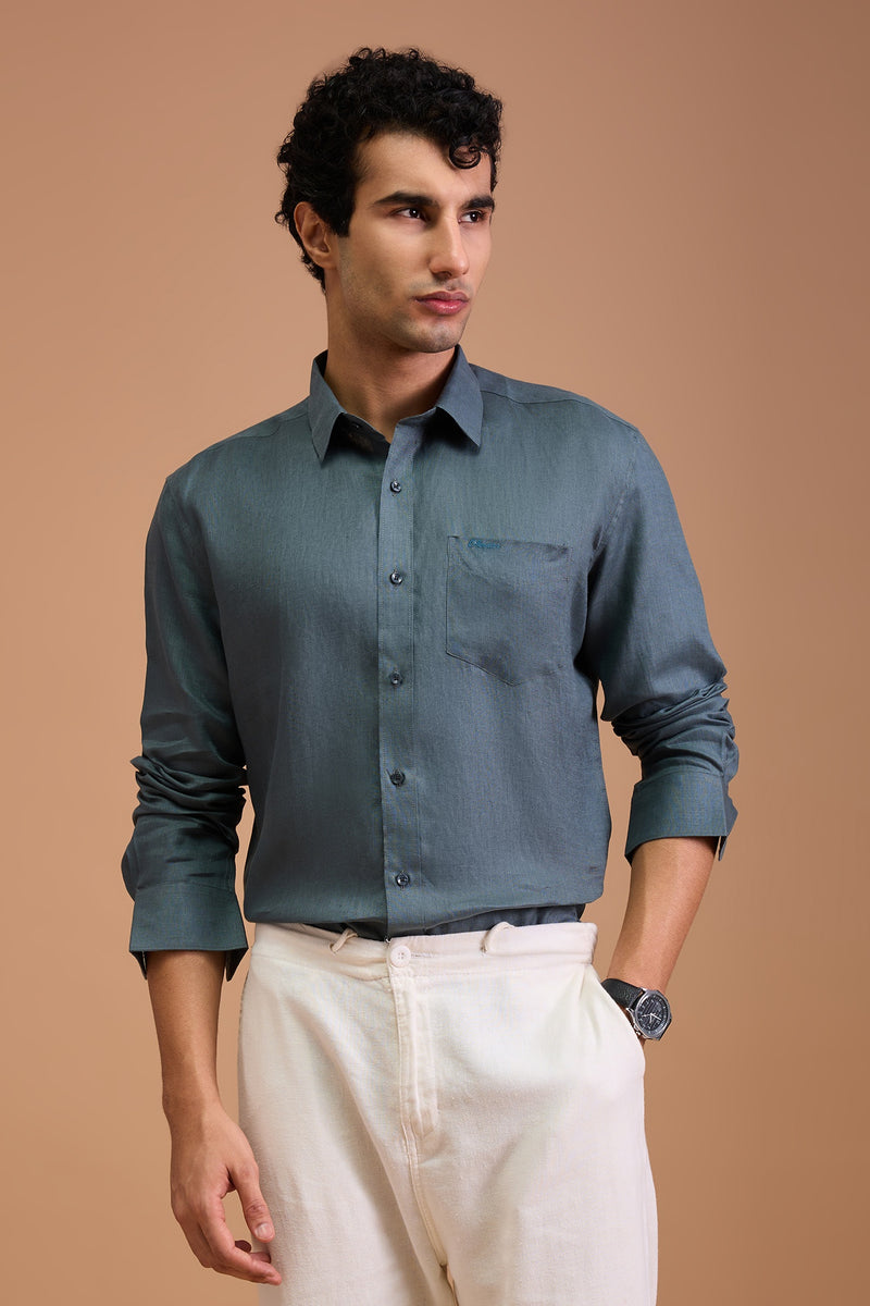 KOHL - MENS LUXURY IRISH LINEN SLATE GREEN SOLID REGULAR FIT SHIRT