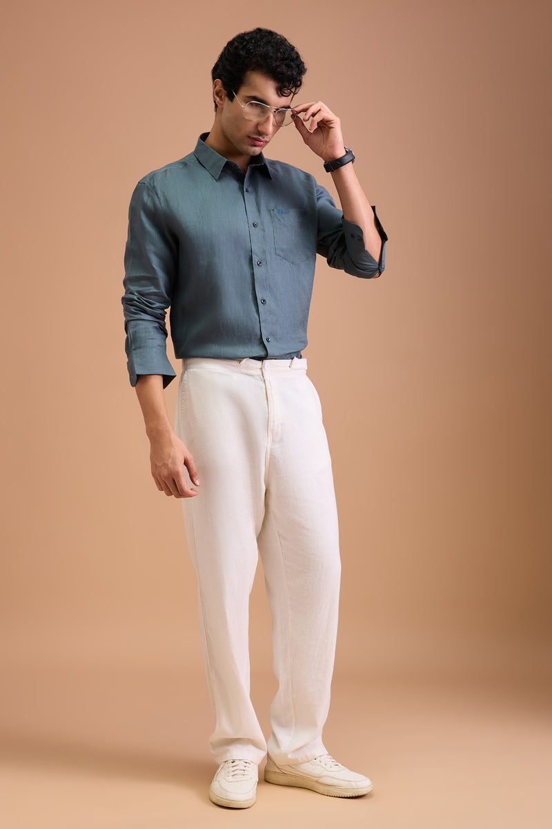 KOHL - MENS LUXURY IRISH LINEN SLATE GREEN SOLID REGULAR FIT SHIRT