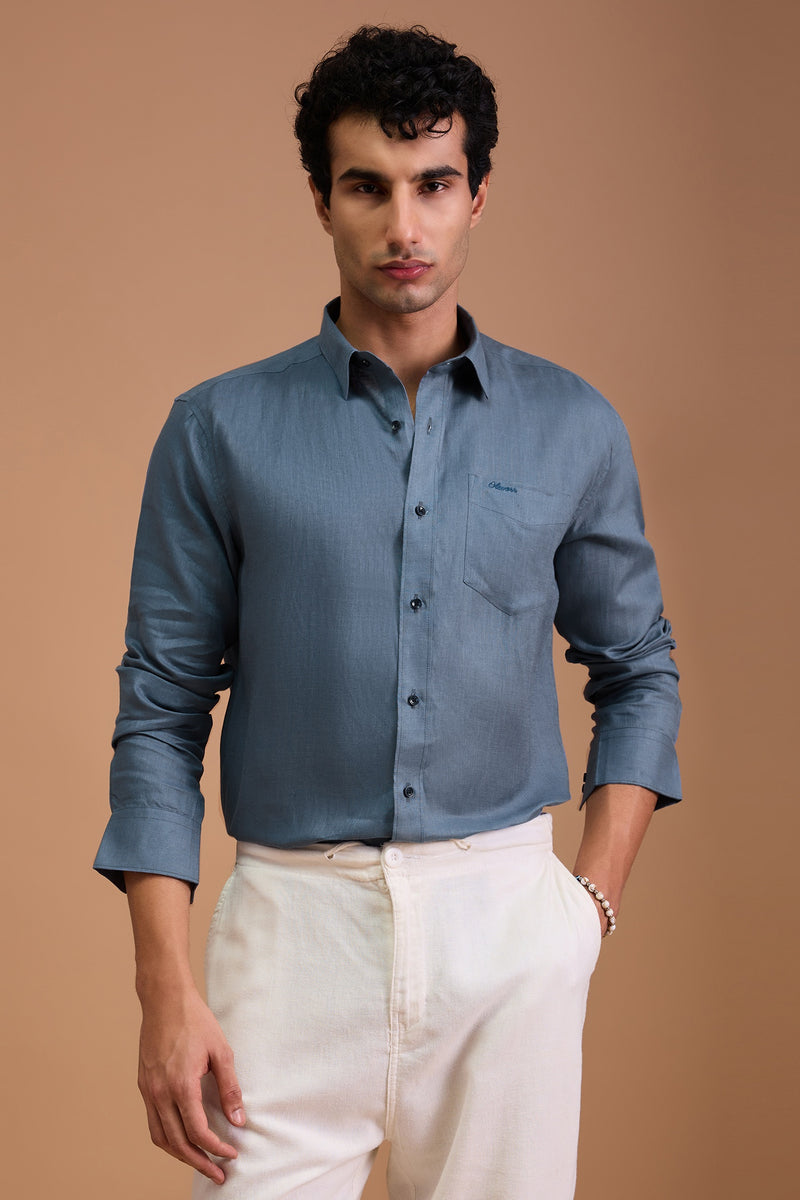 MAUI - MENS LUXURY IRISH LINEN DUSTY BLUE SOLID REGULAR FIT SHIRT