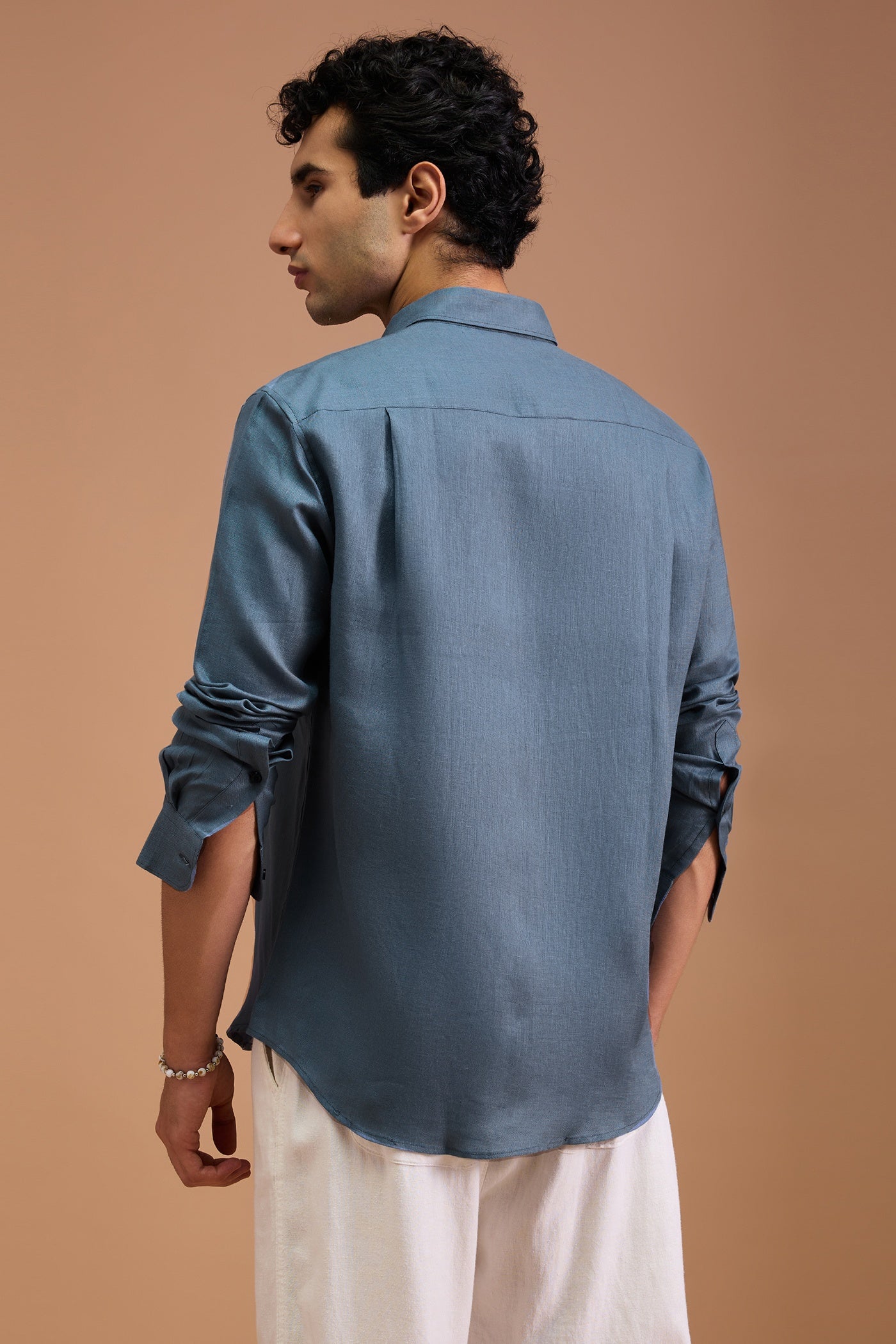 MAUI- MENS PREMIUM 100% LINEN DUSTY BLUE SOLID REGULAR FIT SHIRT
