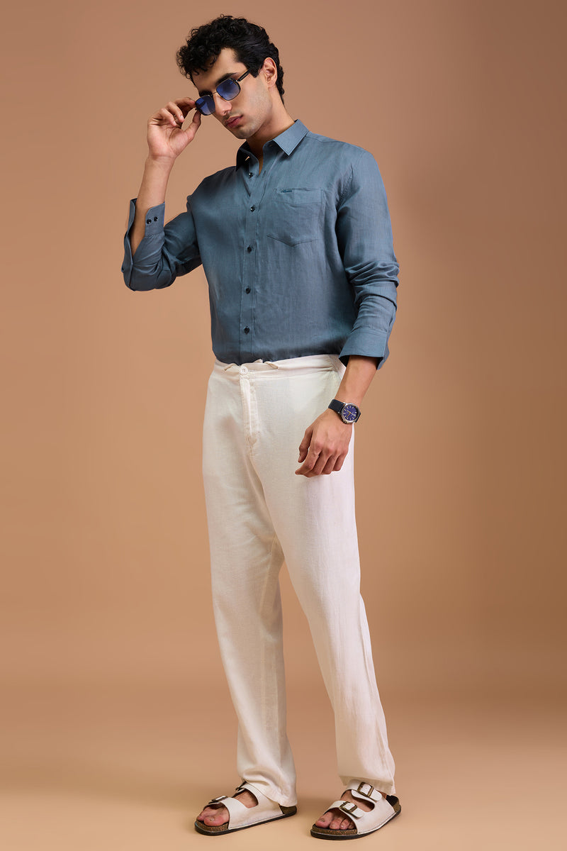 MAUI - MENS LUXURY IRISH LINEN DUSTY BLUE SOLID REGULAR FIT SHIRT