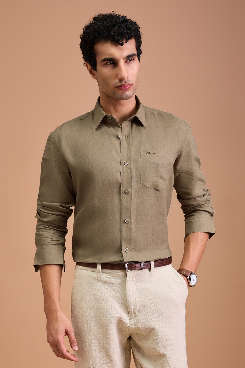RIVA - MENS LUXURY IRISH LINEN SAND SOLID REGULAR FIT SHIRT
