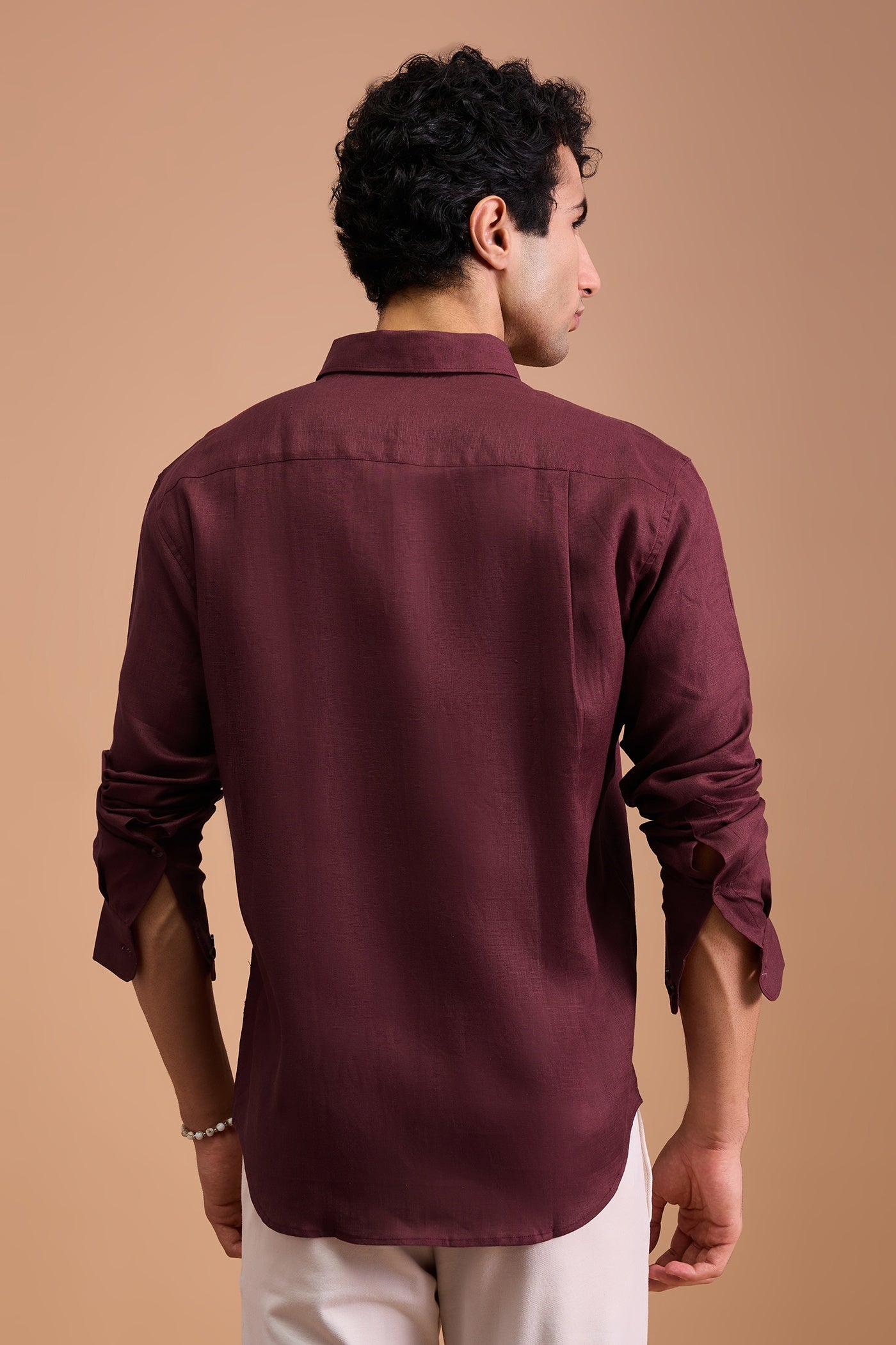 ROUX- MENS PREMIUM LINEN MAROON SOLID REGULAR FIT SHIRT