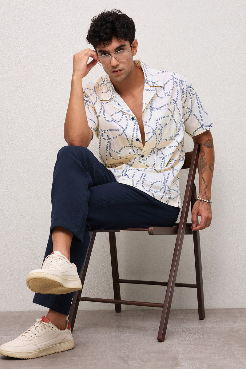 MARBELLA - MENS PREMIUM COTTON NAVY PRINTED CASUAL RELAXED FIT CUBAN SHIRT