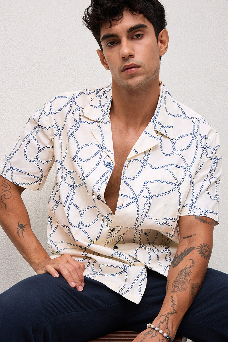 MARBELLA - MENS PREMIUM COTTON NAVY PRINTED CASUAL RELAXED FIT CUBAN SHIRT