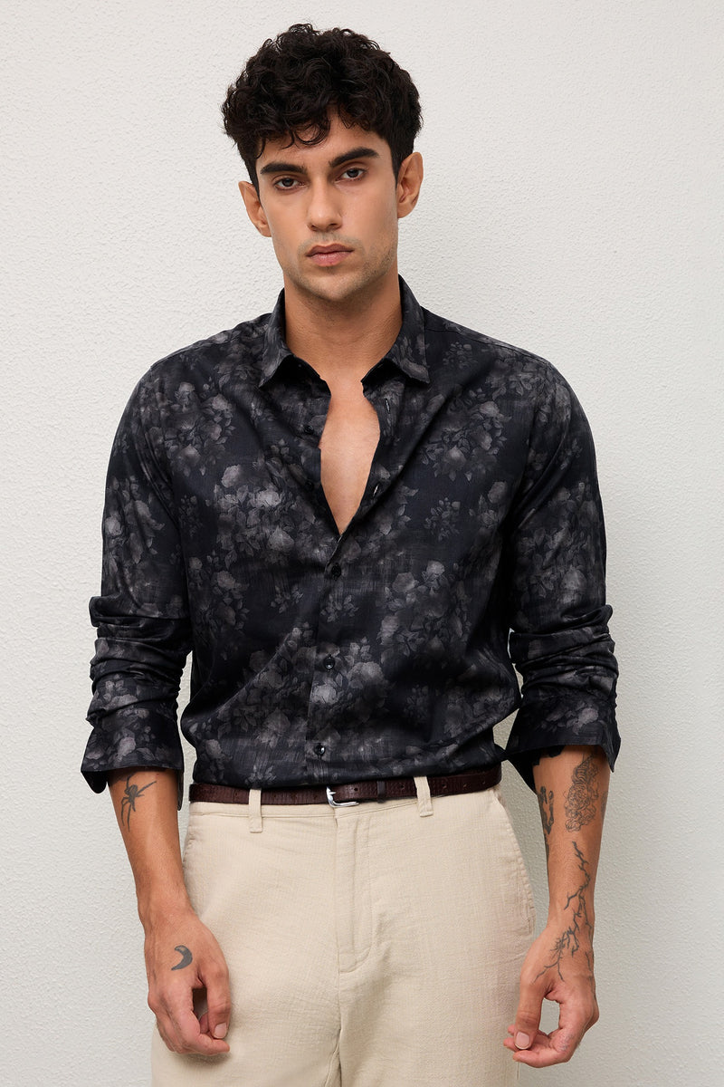 MOJAVE - MENS PREMIUM COTTON BLACK PRINTED CASUAL SLIM FIT SHIRT